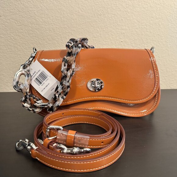 Wavy Dinky Bag In Crinkle Patent Coachtopia Leather in Amber w/ Silver Hardware - Picture 7 of 7